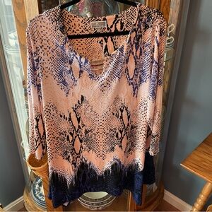 JM Collection Pale Pink and Navy Snake-Print V-Neck Tunic 2x